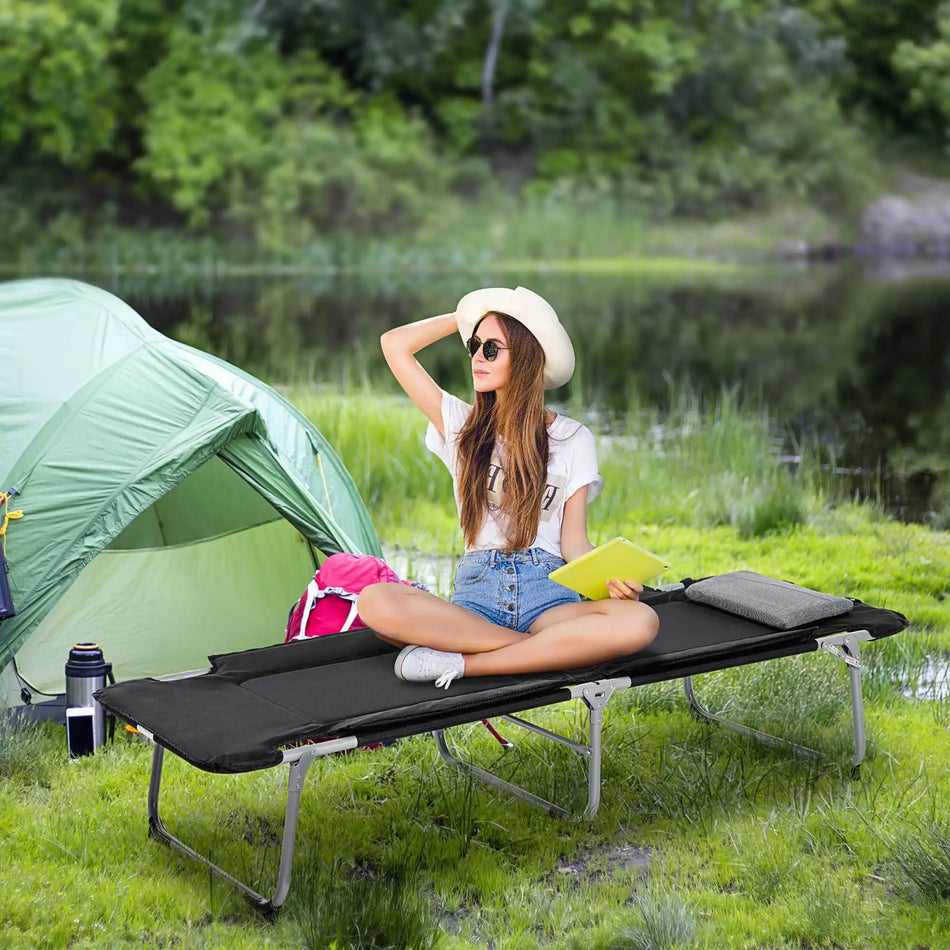 Складное кемпинговое кресло-лежак с подушкой черный серебристый 183x66x33см