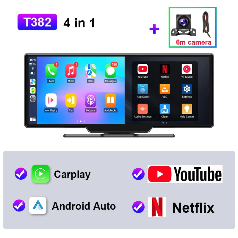 JMCQ Universal 10.26 Inch Android WIFI Car Multimedia Player &ndash; Wireless Carplay and Bluetooth Connectivity T382 rear 6m