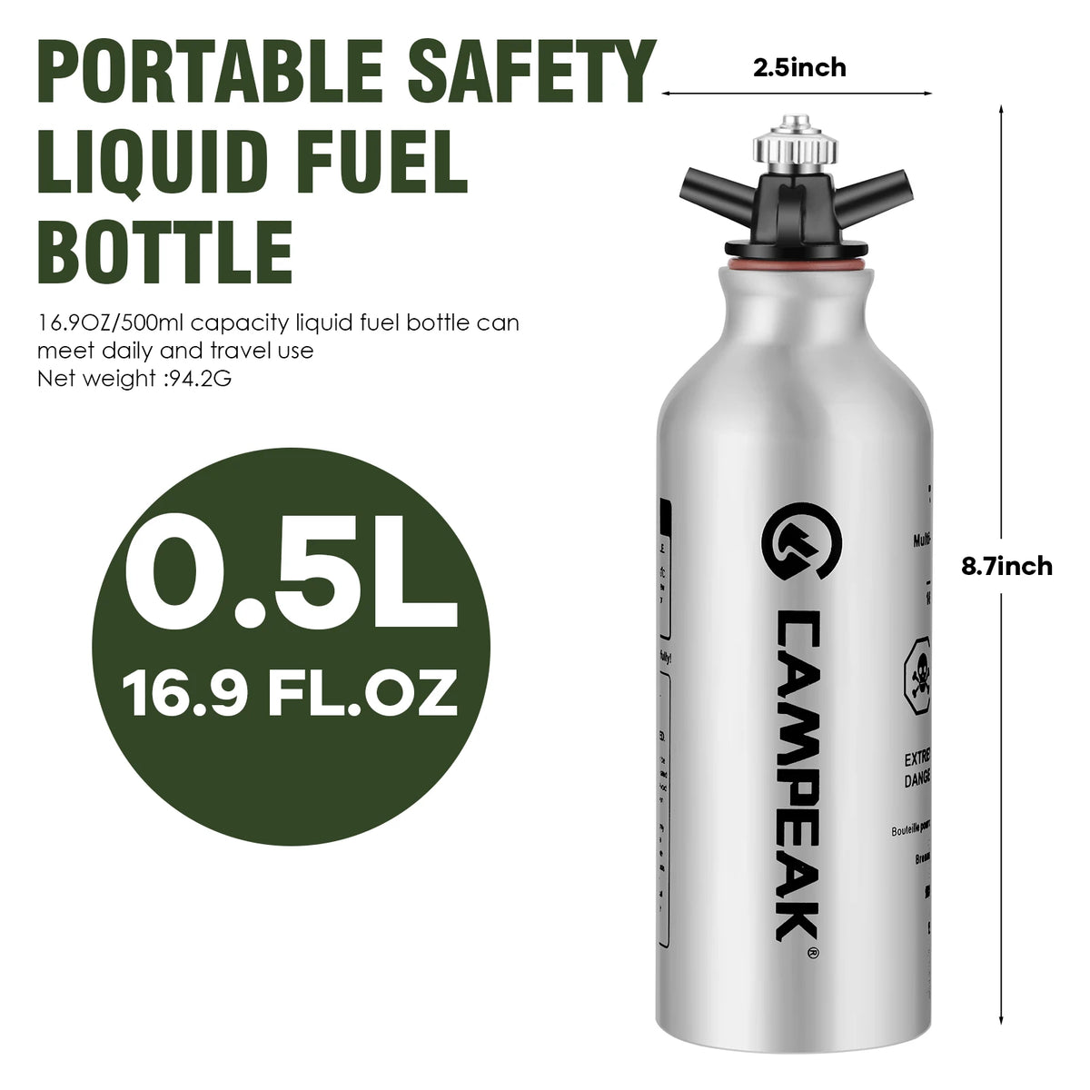 CAMPEAK CAMPFB-01 Liquid Fuel Bottle 0.5L/1L &ndash; Safety Valve 1pc 0.5L bottle