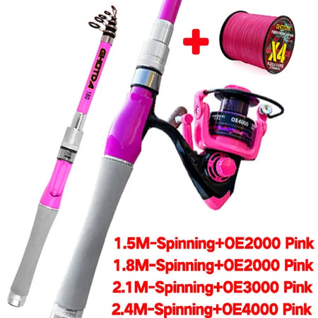 Portable Telescopic Fishing Rod Combo with Spinning Reel - 1.5-2.4m for Freshwater Spin Rod OE-PinkReel / 2.1 M