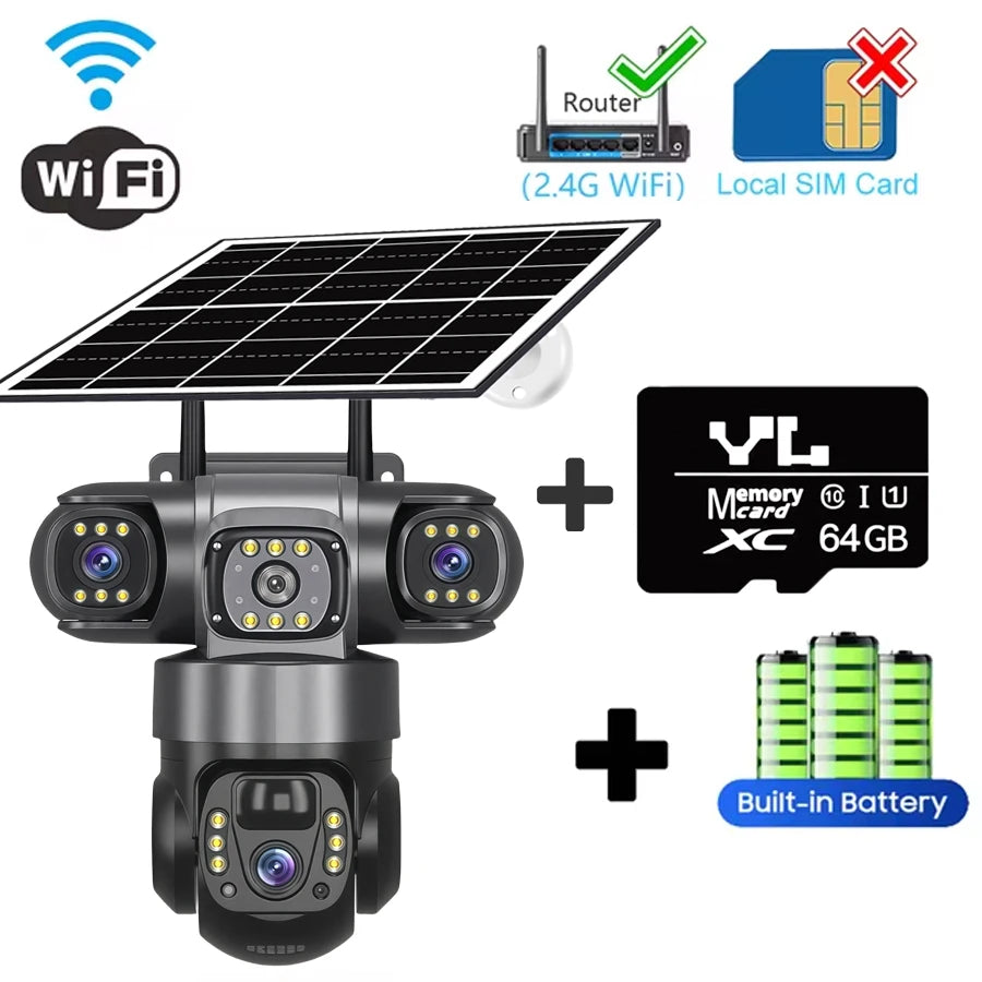 V380 PRO 3 Lens WiFi Solar Camera &ndash; HD Night Vision WIFI Cam 64G Card
