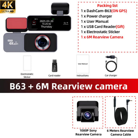 ACCEO B63 4K Dashcam - Night Vision Dual Lens GPS WiFi B63-6M RC / 256G