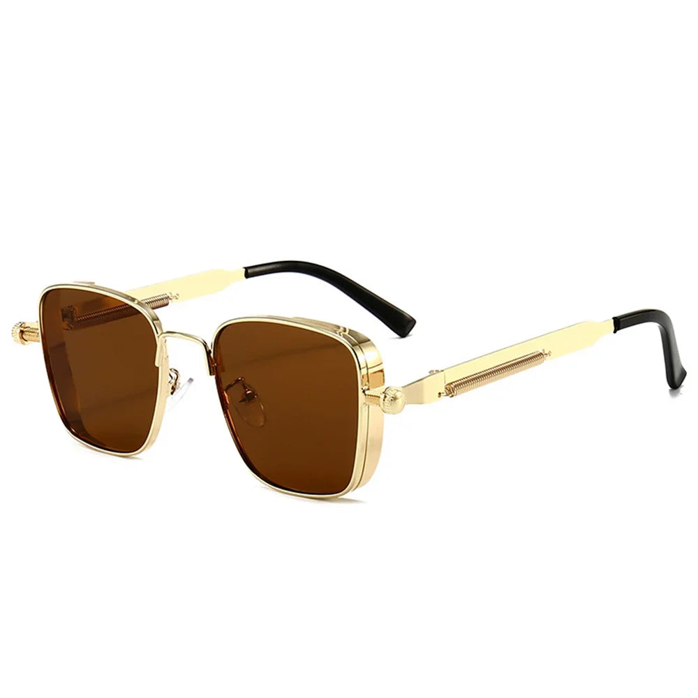 Men Driving Steampunk Square Sunglasses &ndash; UV400 Metal Frame Gold brown