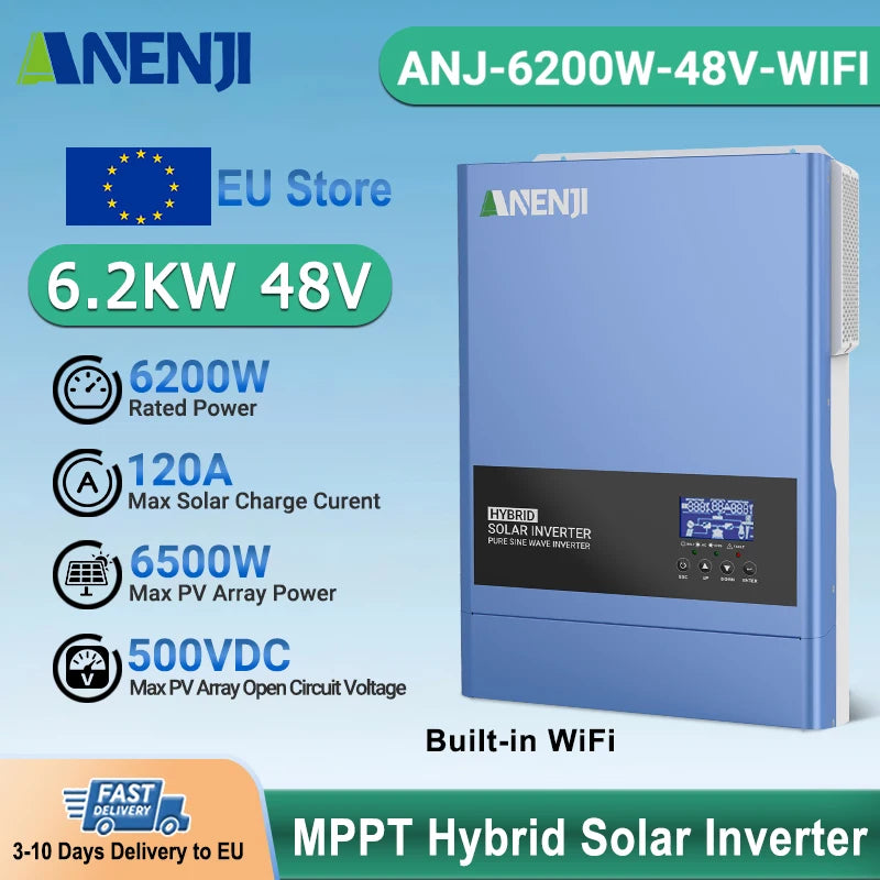 Inverter solare ibrido Anenji 6.2KW 48V con ingresso PV 500VDC, onda sinusoidale pura MPPT 120A e WiFi integrato
