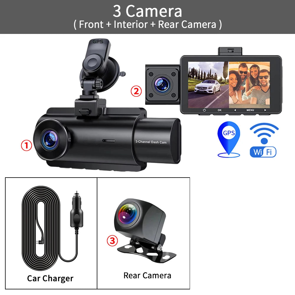 3 Channel Dash Cam &ndash; 2K Front and Rear Dual Lens with GPS WiFi and Night Vision 3 Camera / None