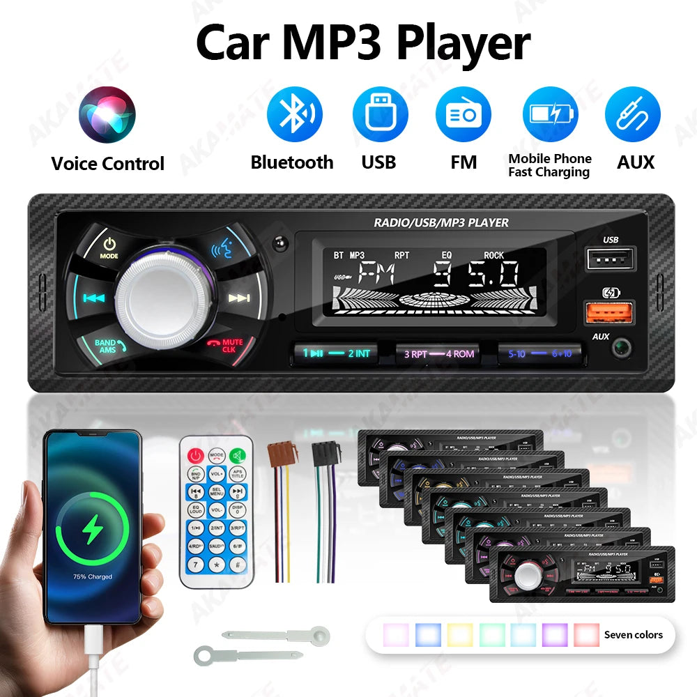 AKAMATE 1 Din Car Radio MP3 Player - Bluetooth Aux Charging