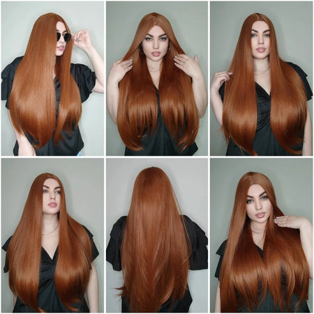 LOUIS FERRE Long Straight Red Brown Copper Synthetic Wig for Daily Use