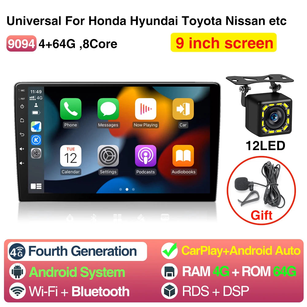 AKAMATE 9Inch Android Car Radio 2 Din &ndash; WiFi Bluetooth GPS 4 64G 12LED