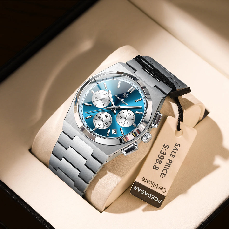 Luxury Men's Quartz Watch With Stainless Steel Case, Waterproof Chronograph