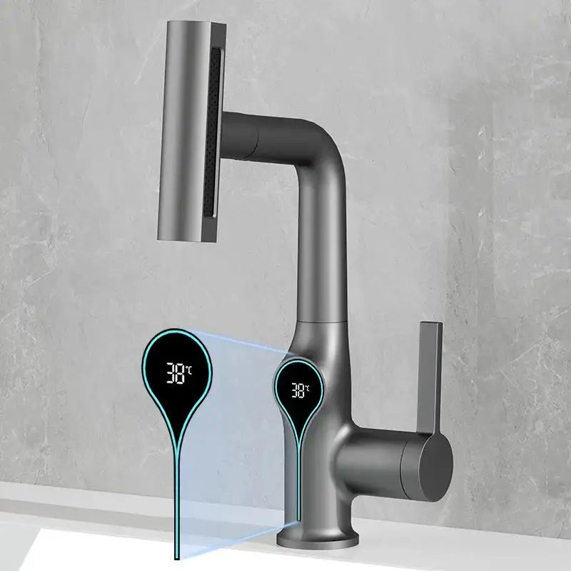 Waterfall Temperature Digital Display Basin Faucet Lift Up Down Stream Sprayer Hot Cold Water Sink Mixer Wash Tap For Bathroom