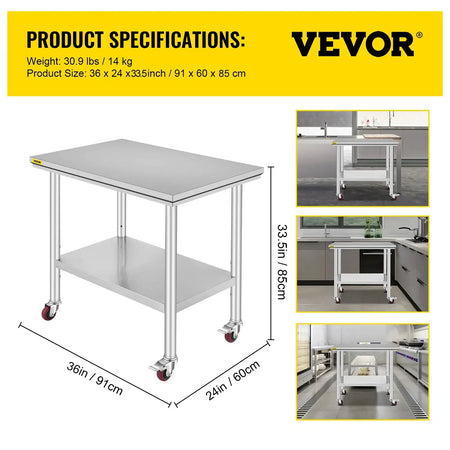 Stainless Steel Work Table With Caster Wheels And Shelves 36 x 24 inch / GERMANY