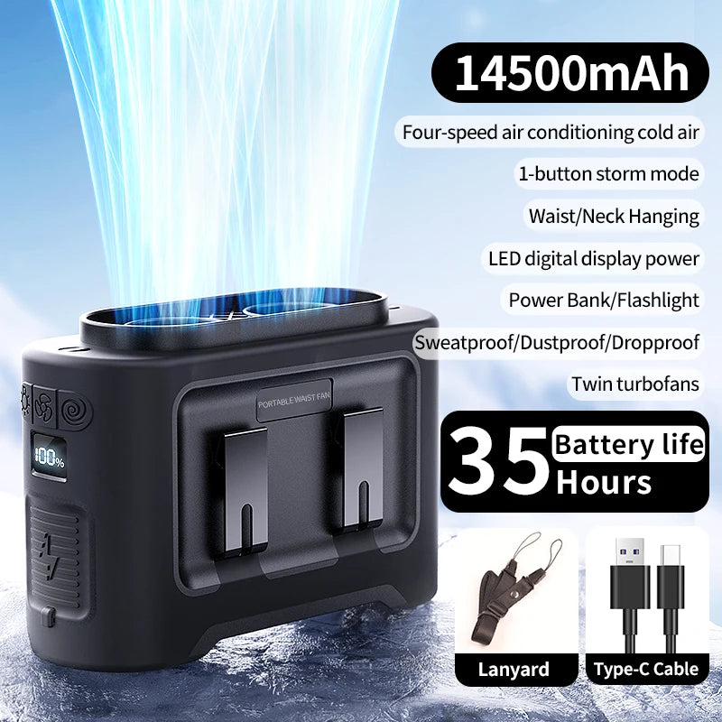 Mini Portable Waist Fan &ndash; 4 Speed Strong Wind with Power Bank 14500mAh Black