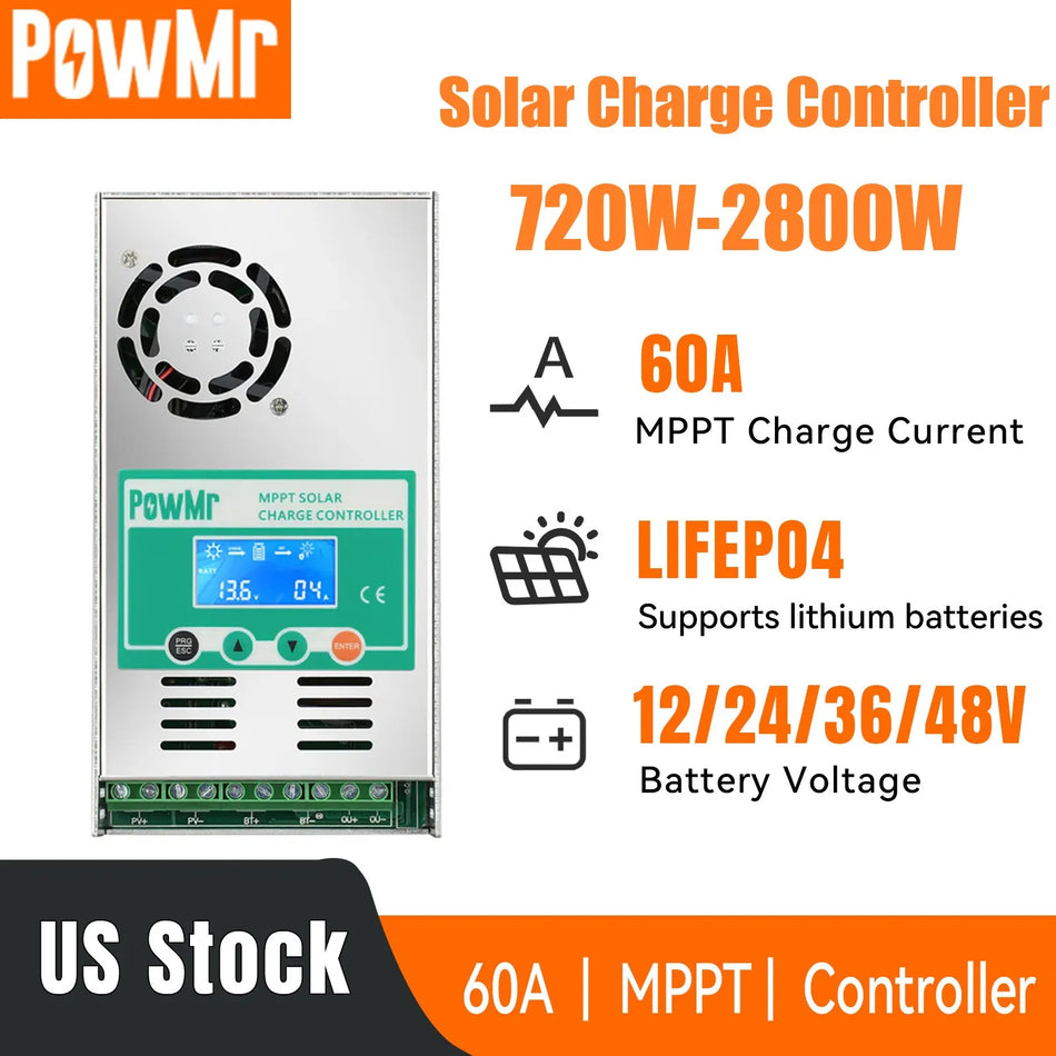 PowMr 60A MPPT солнечный контроллер заряда с ЖК-дисплеем, 12V 24V