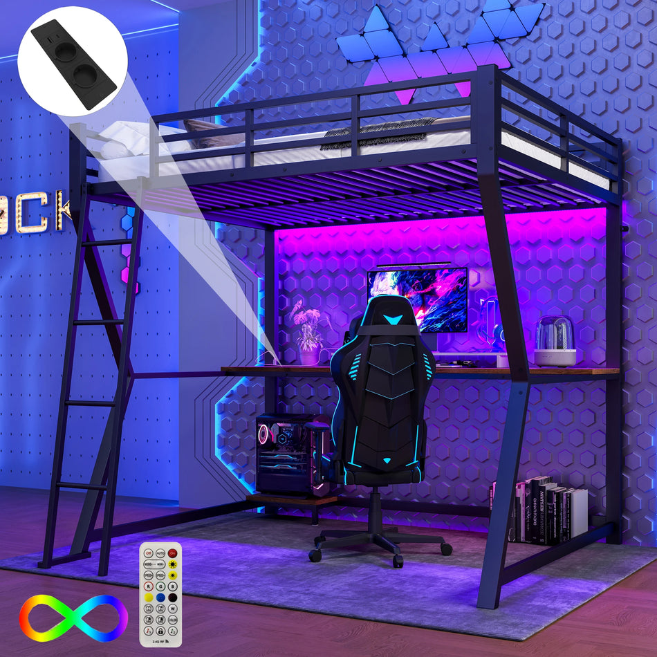 Loftsäng 140x200 cm med LED-lampor Skrivbord USB-ström Svart