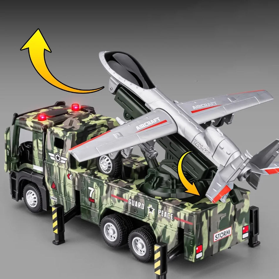 1:32 Mașină de jucărie cu lansator de drone militare din metal, cu sunet și lumină