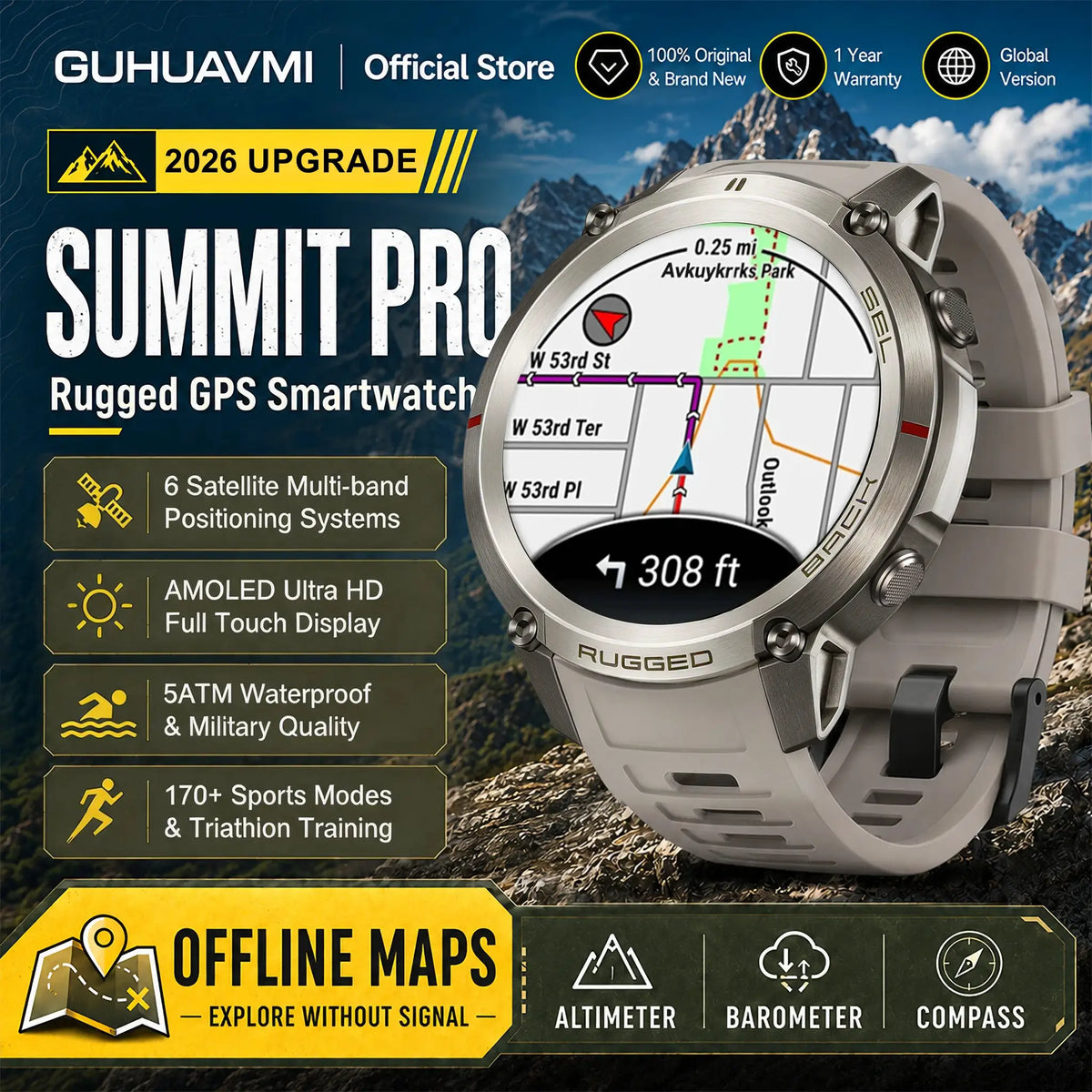 2026 Military Satellite Offline Map GPS Smart Watch Men 1.43''AMOLED Bluetooth Call Compass 5ATM Waterproof 170+Sport Smartwatch by InterCyprus Trading Ltd