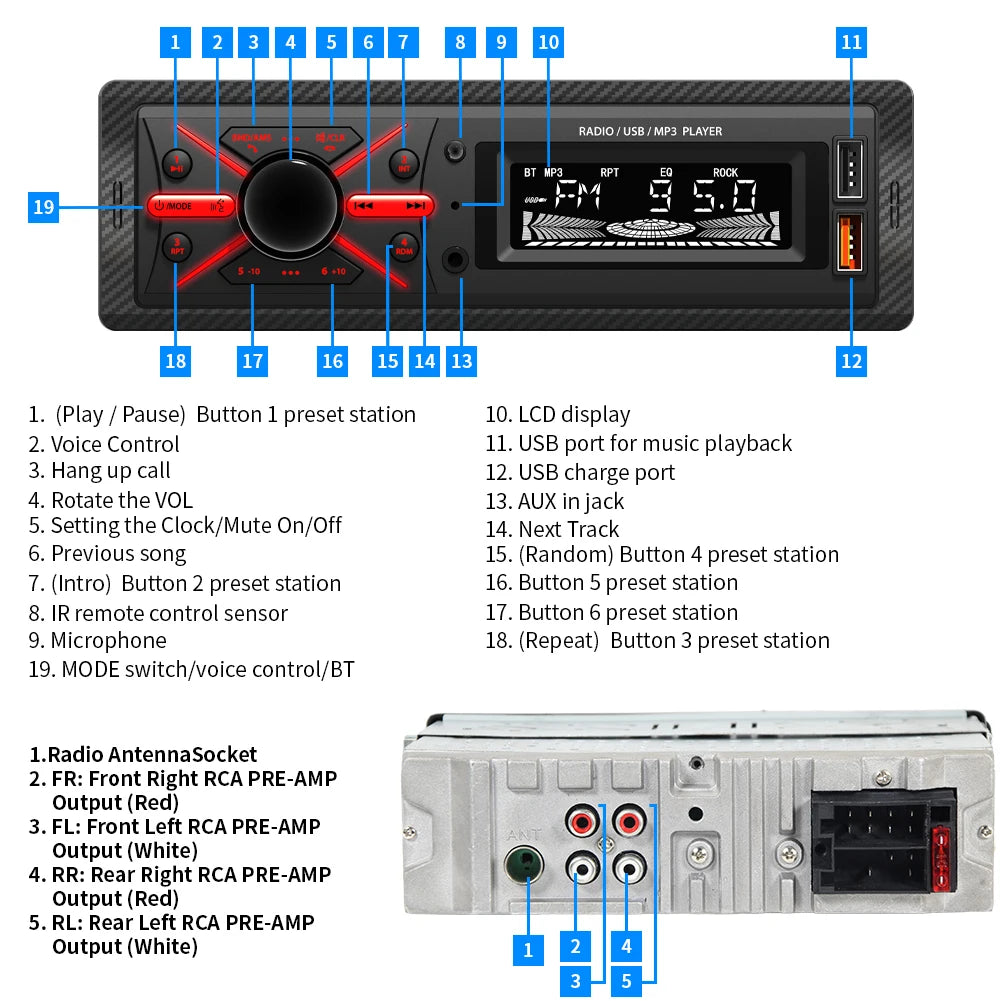 1 Din Car Radio Multimedia MP3 Player - Bluetooth Charging