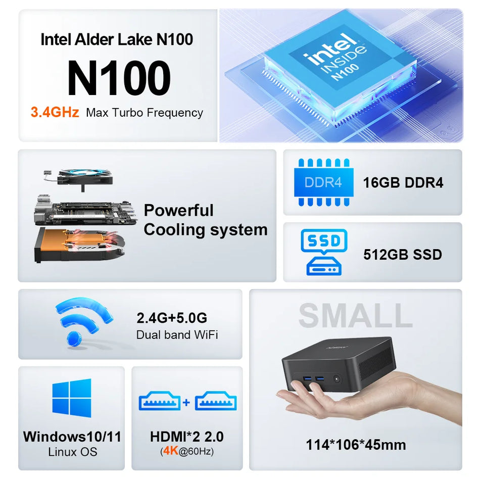 N10 Mini PC Intel N100 16GB 512GB Dual Screen Windows 11