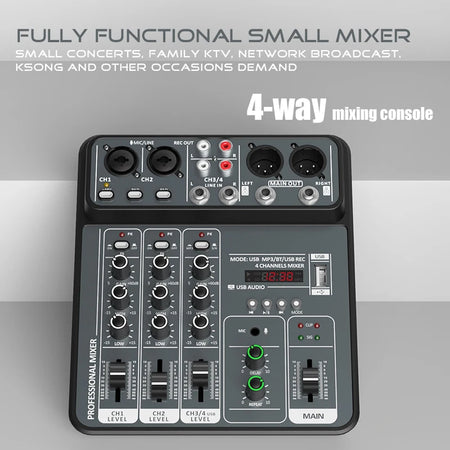 4 Channel Audio Mixer 48V Phantom USB - Bluetooth Enabled