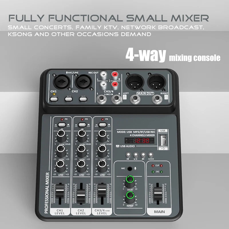 4 Channel Audio Mixer 48V Phantom USB - Bluetooth Enabled