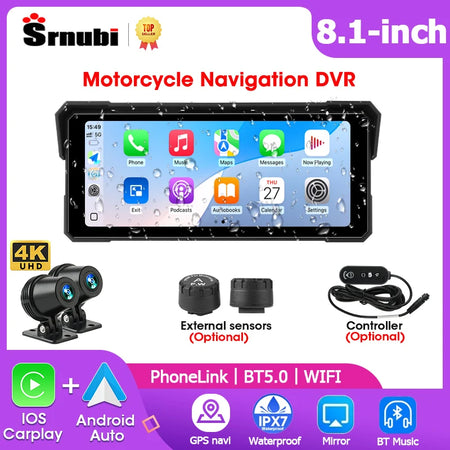 Srnubi Universal 8.1 Inch Motorcycle GPS Navigation &ndash; 4K Dual Lens Recording