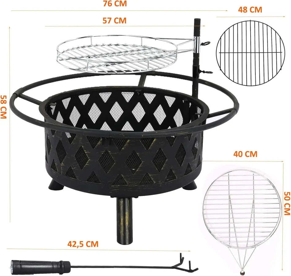 Hoguera de Hierro Fundido con Rejilla de Protección contra Chispas Ajustable