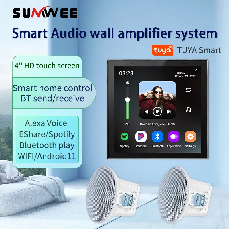 4 collu Tuya viedā sienas pastiprinātāja ar Android 11, WiFi, Bluetooth, skārienekrānu