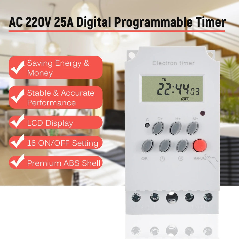 AC 220V 25A Ohjelmoitava Digitaalinen Ajastin DIN-kiskolle LCD:llä