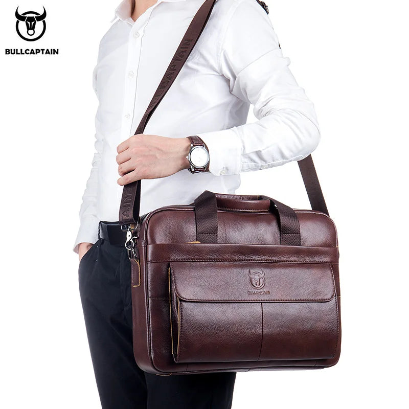 Genuine Leather Messenger Briefcase for 14-Inch Laptop, First Layer Cowhide, Classic Chinese Style