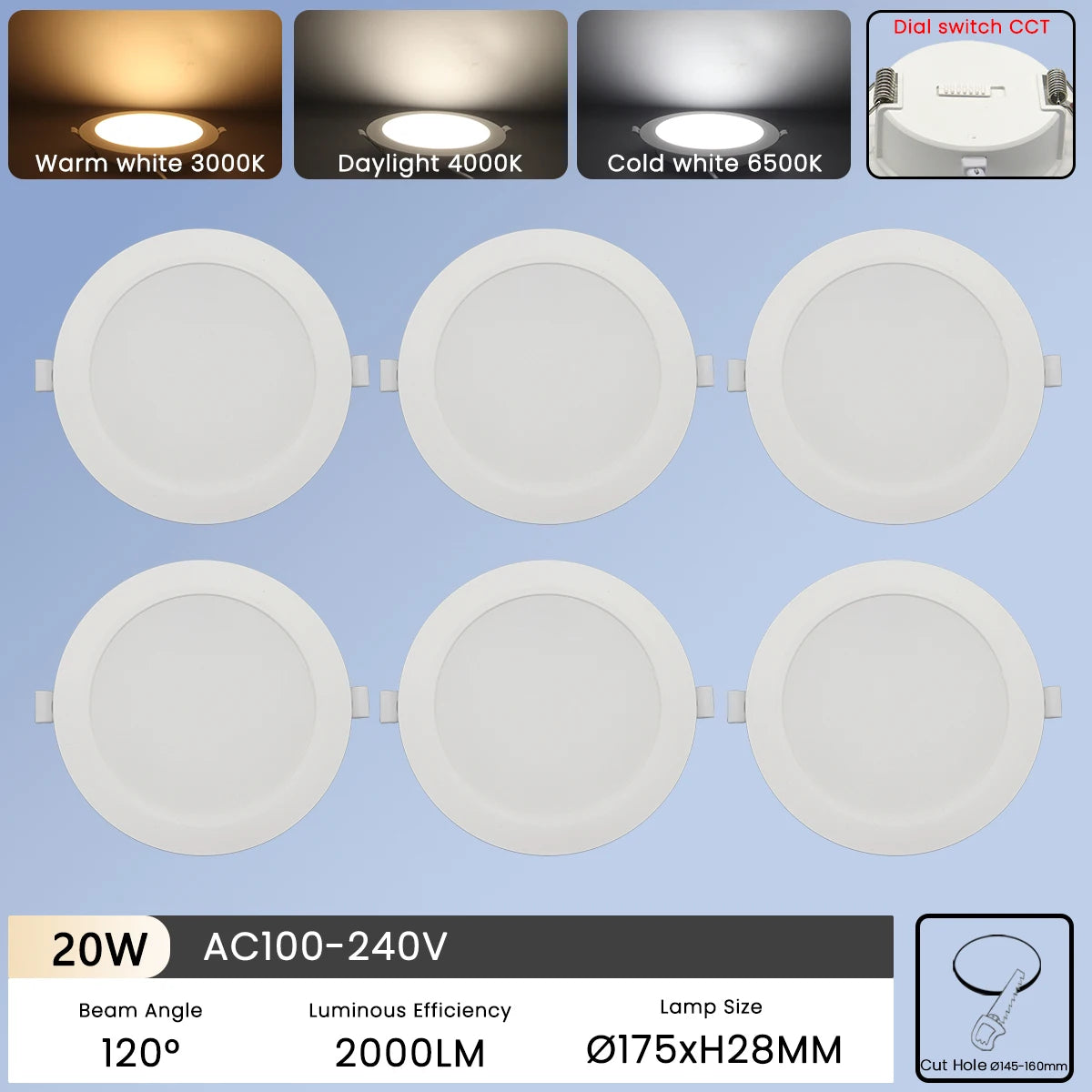 6Pcs Color Adjusted LED Downlight - CCT Dial Switchable 20W / AC100-240V / 6pcs