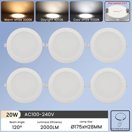 6Pcs Color Adjusted LED Downlight - CCT Dial Switchable 20W / AC100-240V / 6pcs