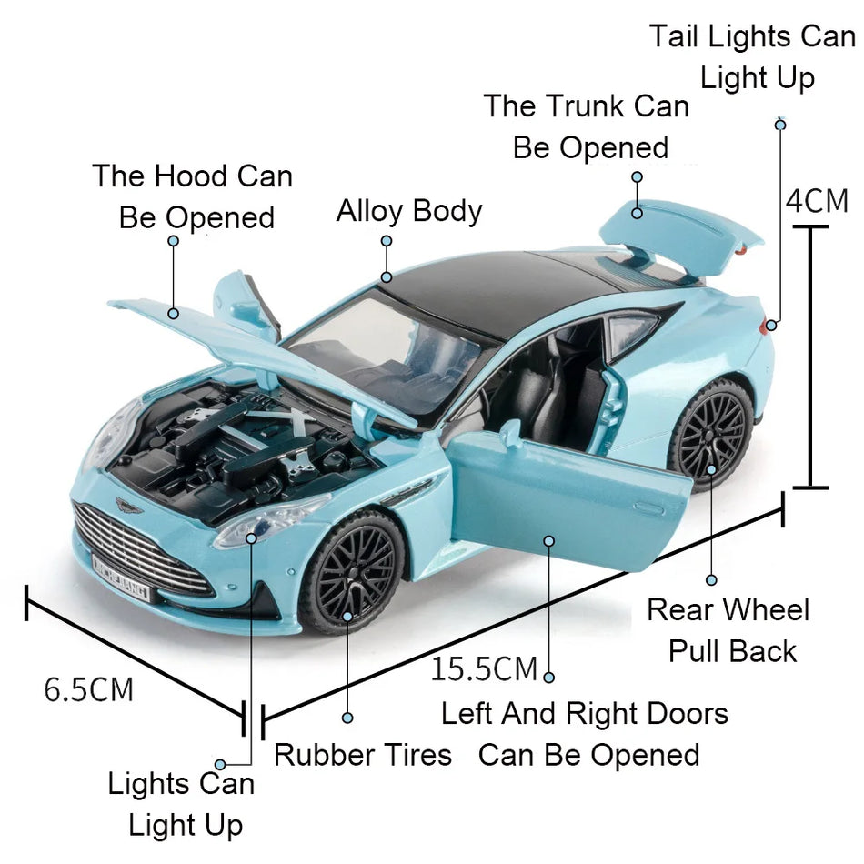1:32 Mașină de colecție Safety Car DB12 cu retragere, caroserie din metal, anvelope din cauciuc