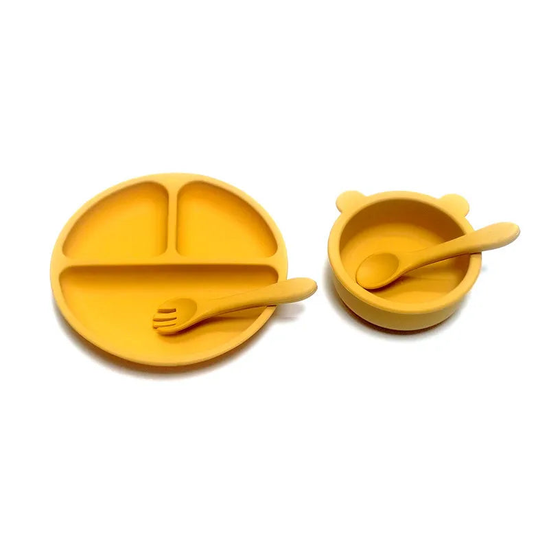 CZSAE 4pcs Silicone Tableware Set &ndash; Safe Suction Cup Design for Children yellow