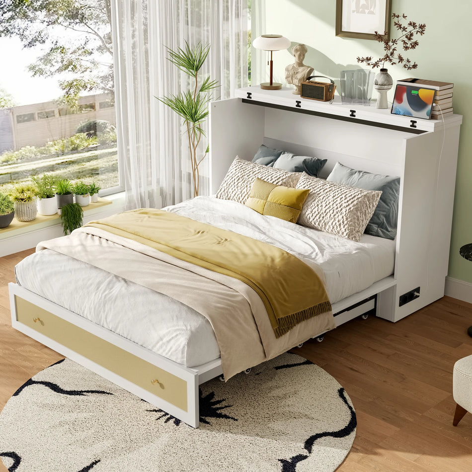 Łóżko Murphy 140x200 z szufladami na końcu i półką na głowę z portem USB