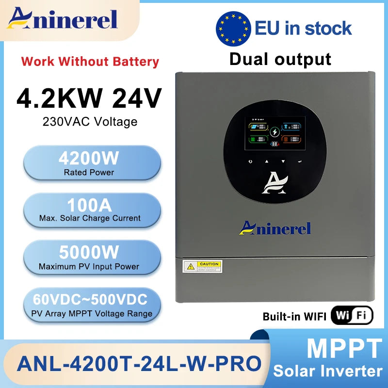 Aninerel 4.2kW 24V Hibrit Güneş İnvertörü Çift Çıkış MPPT 100A 220V Saf Sinüs Dalga Dahili WiFi LiFePO4 Uyumlu