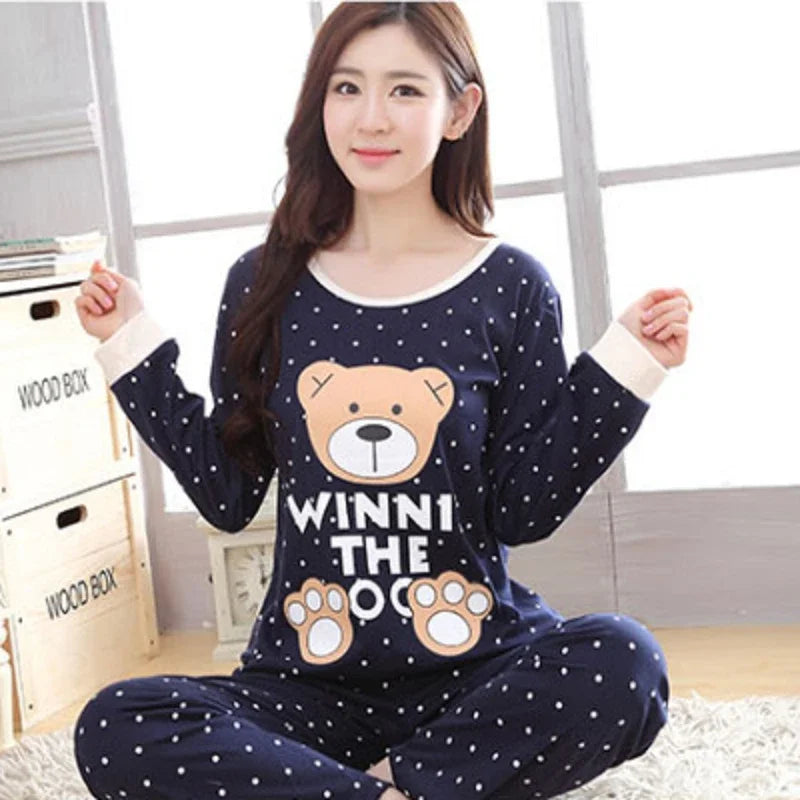 Autumn Thin 2-Piece Pajama Set - Round Neck &amp; Cartoon Style for Women