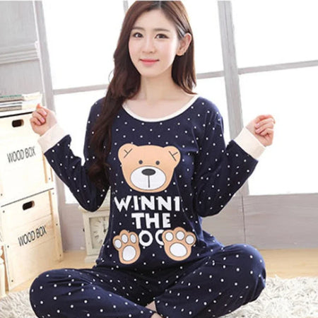 Autumn Thin 2-Piece Pajama Set - Round Neck &amp; Cartoon Style for Women