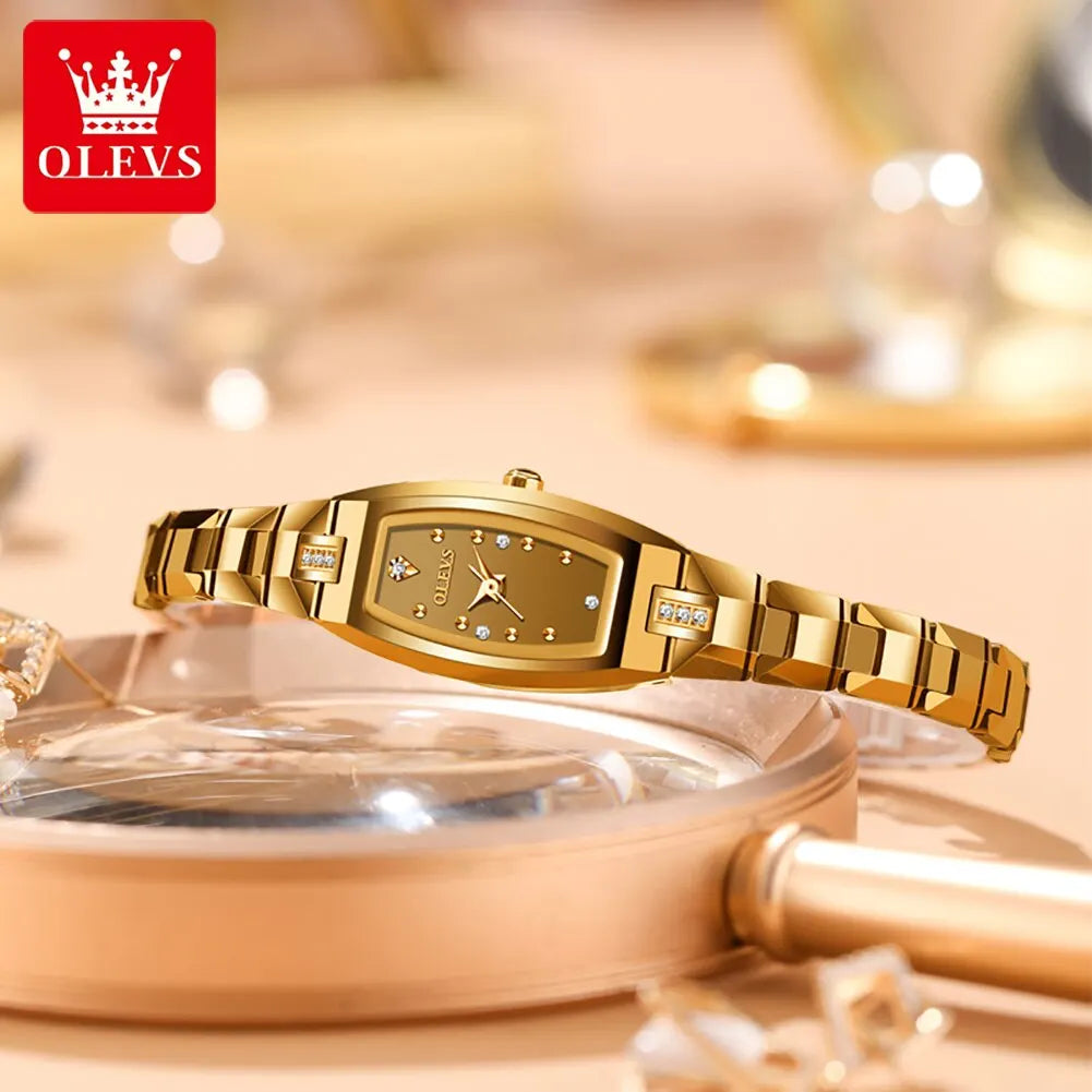 OLEVS Elegant Diamond Quartz Watch for Women with Tonneau Tungsten Steel Band
