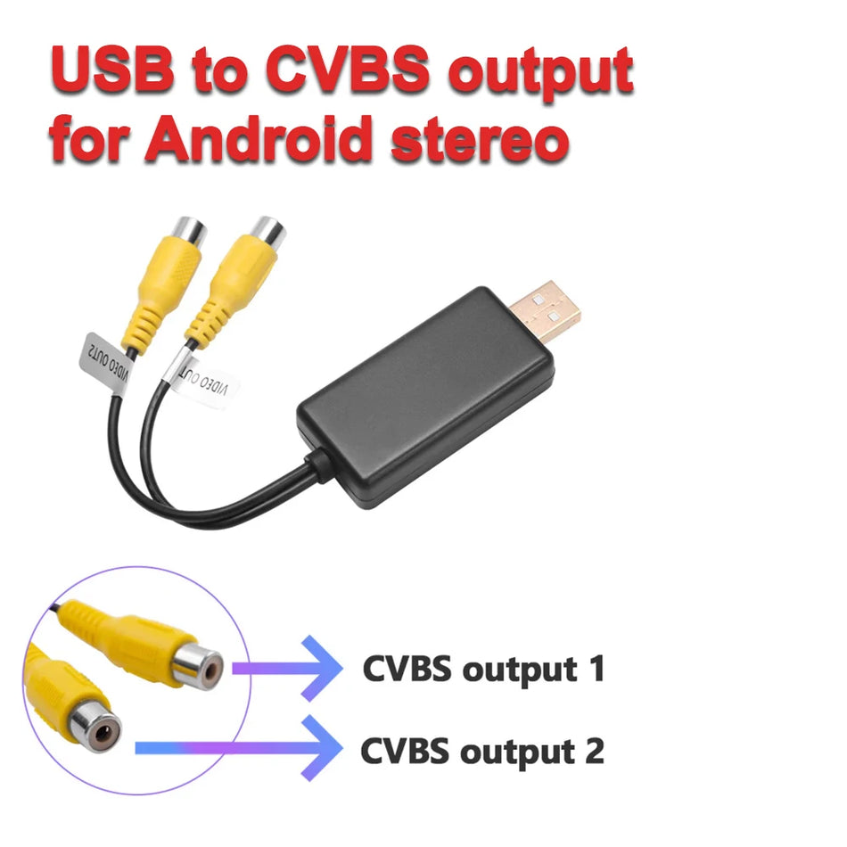 USB to CVBS Video Output Adapter for Car Head Unit, RCA Output, 5V USB