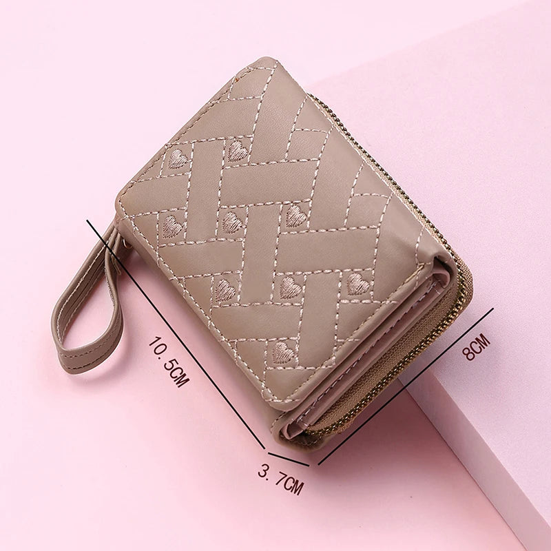Korean Minimalist Embroidered Love Pattern Tri-Fold PU Wallet for Women