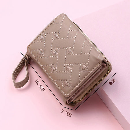 Korean Minimalist Embroidered Love Pattern Tri-Fold PU Wallet for Women