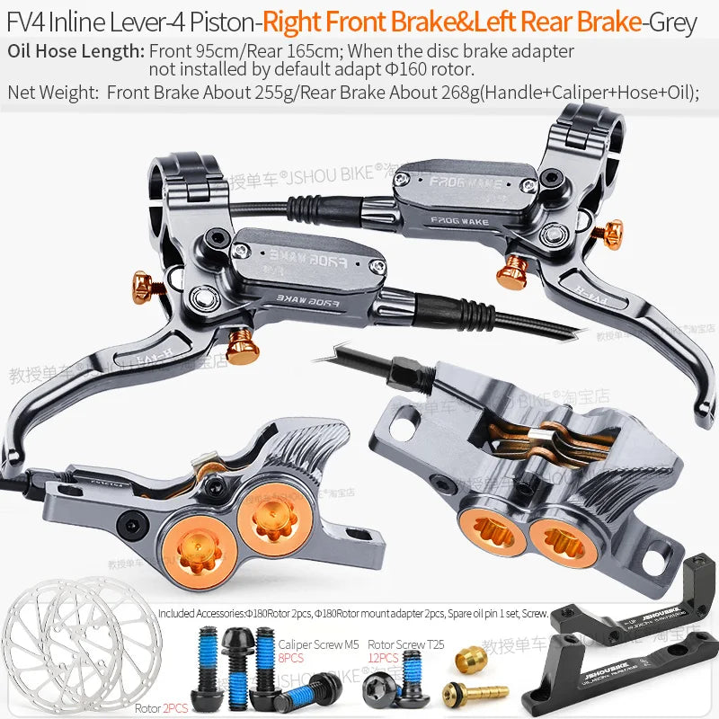 Frog Wake MTB Hydraulic Disc Brake Kit - 4 Piston Superior Stopping Power RF-LR Grey