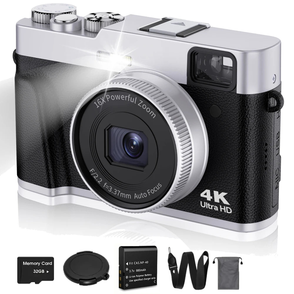 4K Digital Camera Auto Focus 48MP &ndash; Anti-Shake Vlogging Camera with Viewfinder and Flash Black