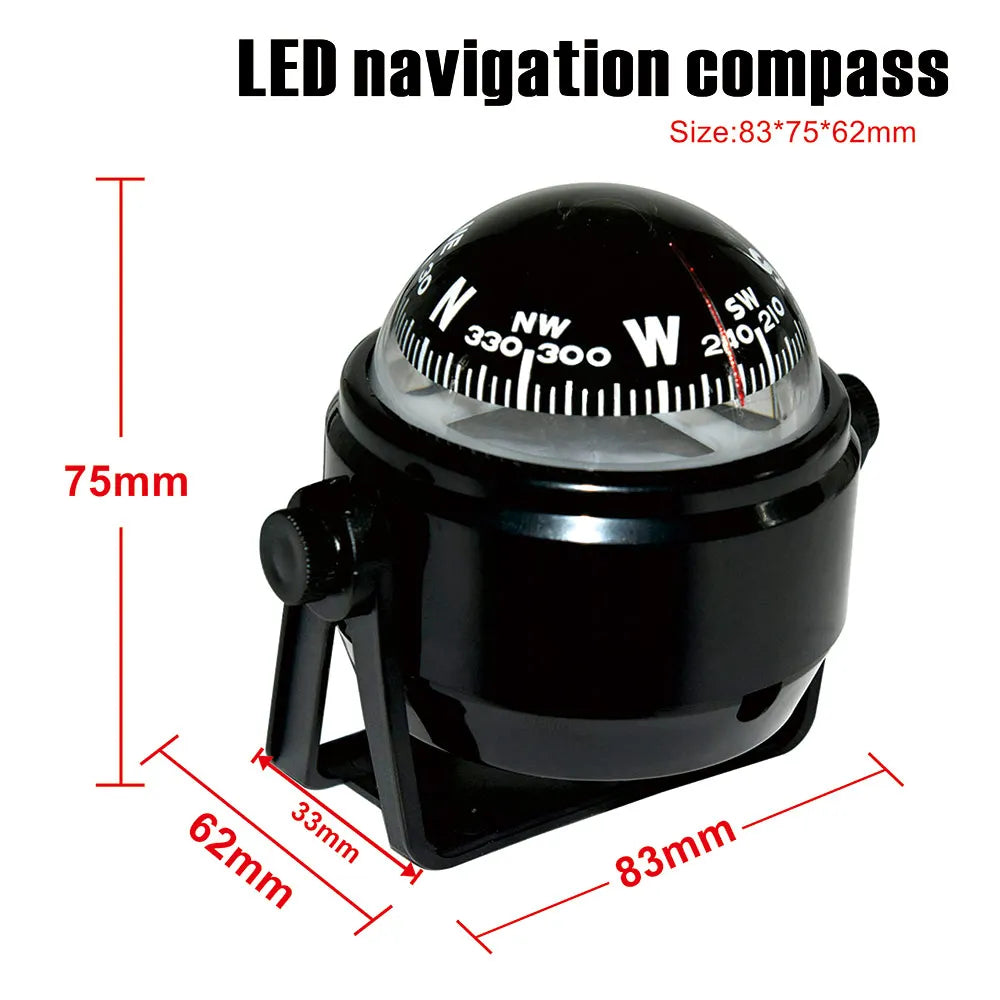 Navigation Compass With LED Light - Pivoting Design Type B Black