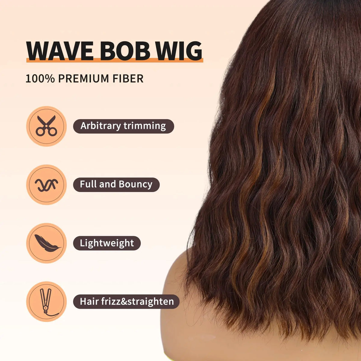 Short Brown Highlight Wavy Bob Wig with Bangs for Daily Use