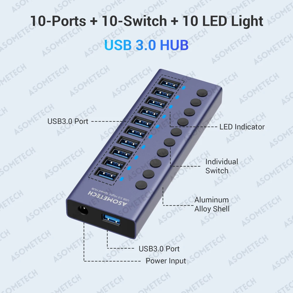 ASOMETECH 10 Port USB 3.0 Hub &ndash; High-Speed 5Gbps Data Transfer