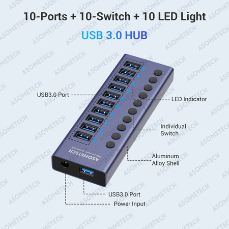 ASOMETECH 10 Port USB 3.0 Hub &ndash; High-Speed 5Gbps Data Transfer