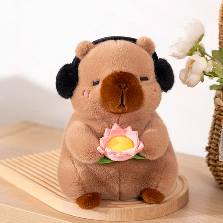 Cute Capybara Plush Toy with Lotus Flower dark brown / 38cm