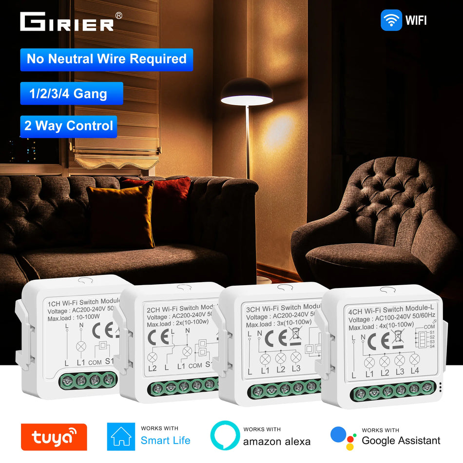 GIRIER Tuya WiFi Smart Switch Module No Neutral Wire Required Breaker Relay 1 2 3 4 Gang Supports 2 Way Control Alexa Hey Google