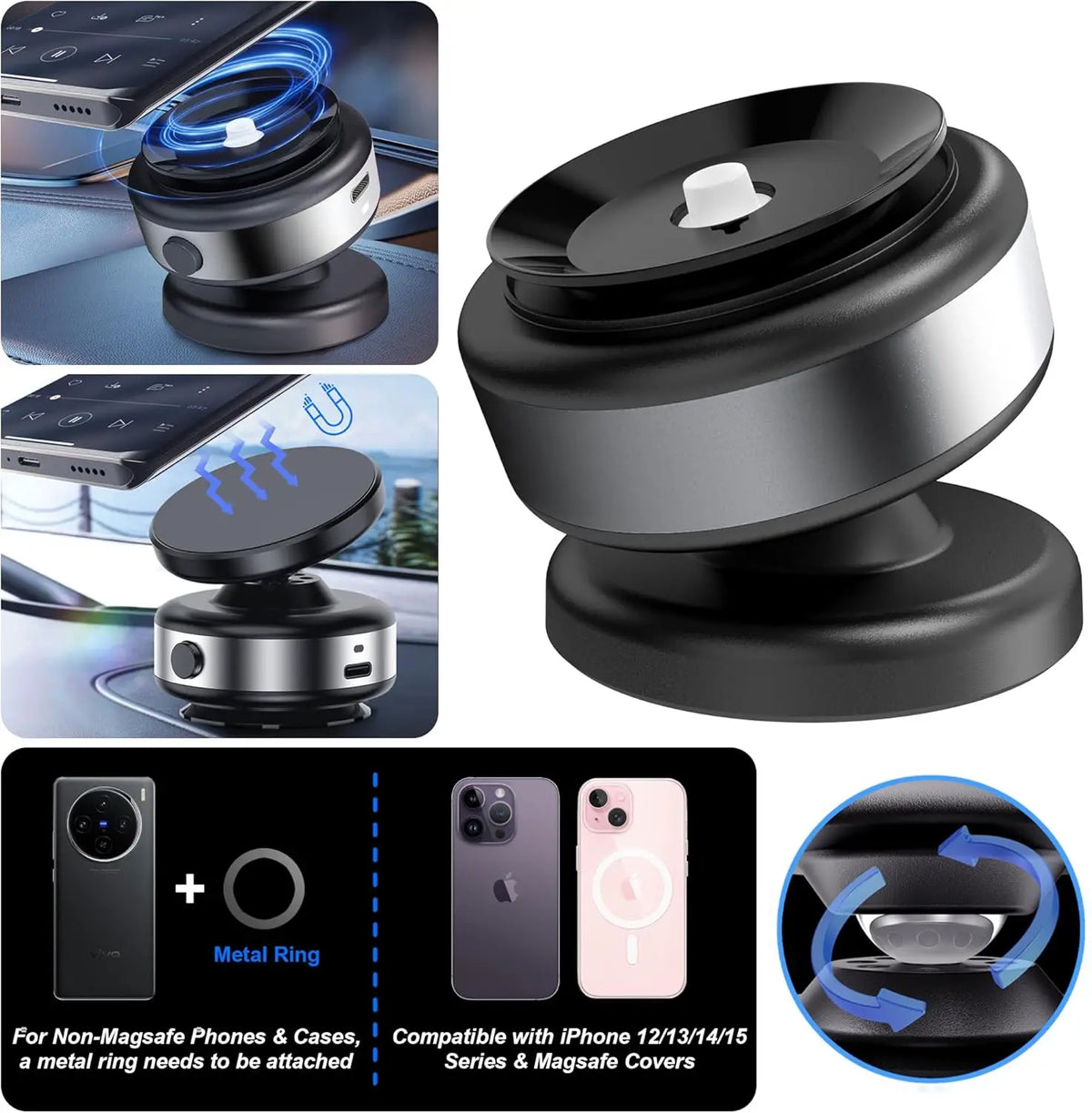 CrownQu Electric Vacuum Magnetic Car Mount Stand &ndash; 360 Degree Rotation with Strong Suction Cup